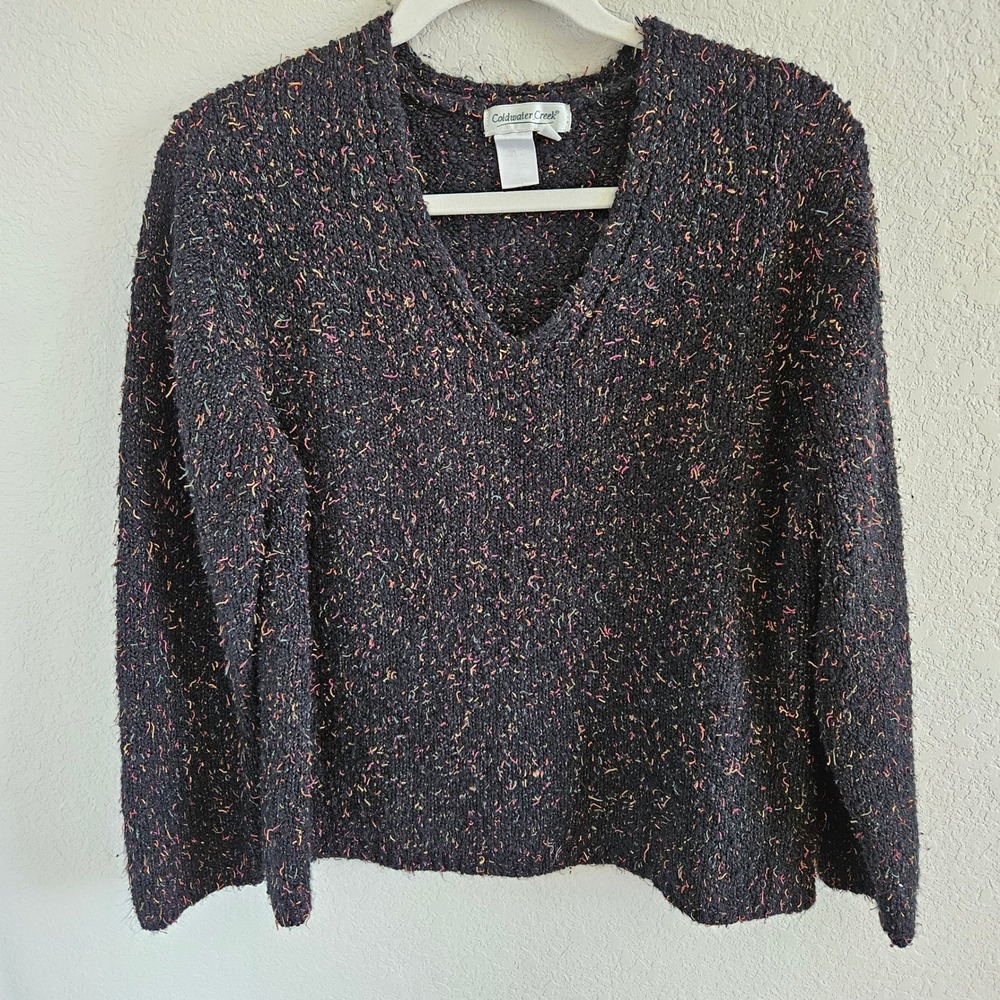Coldwater Creek Woman SZ M V Neck Pullover Black With Speckled Fall Color Thread